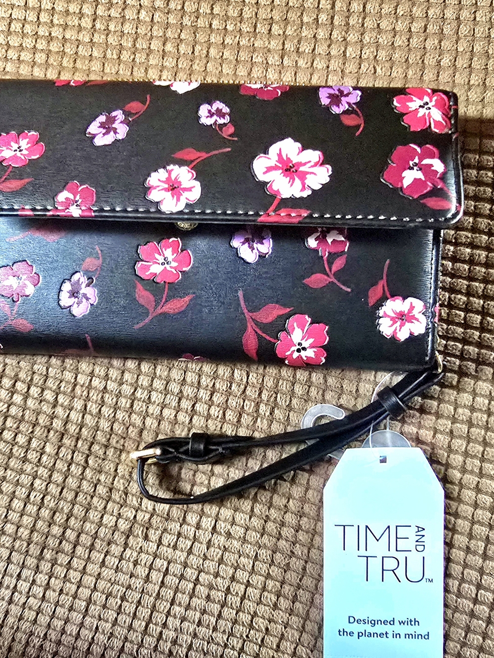 Time and Tru Black Floral Wristlet with Pink & Purple Blooms